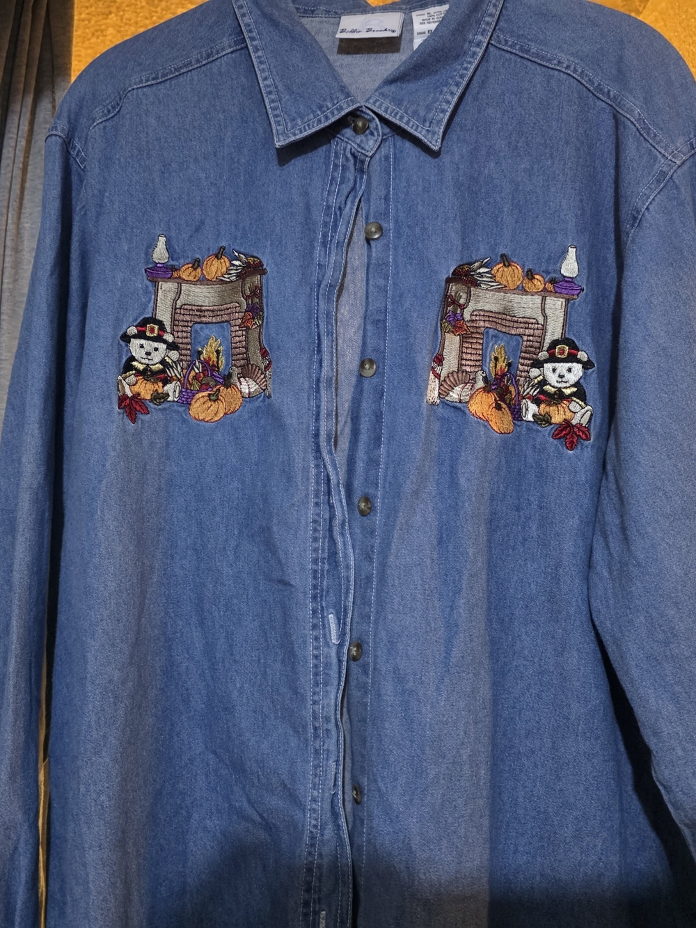 Bobbie Brooks Blue Denim Button-Down Shirt with Thanksging Autumn Embroidery